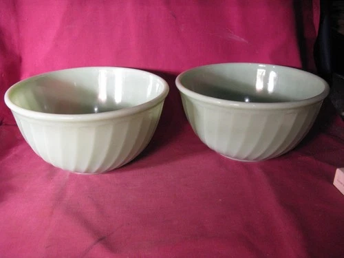 Pair Vintage Fire King Ware Green Jadeite Swirl 9” Mixing Bowls