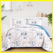 Blue Quilt Set California King, Botanical Microfiber Bedspread  3 Pieces Mod...