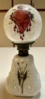 Antique Miniature Milk Glass Oil Lamp Hand Painted Floral Embossed Globe Shade