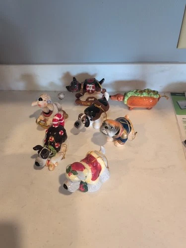 Vintage Ceramic Dog Bobble Head Ornaments Set Of 7