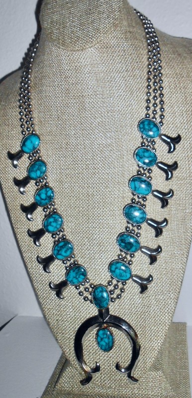 Vintage Goldette Signed Squash Blossom Faux Turquoise Necklace Silver-tone N43