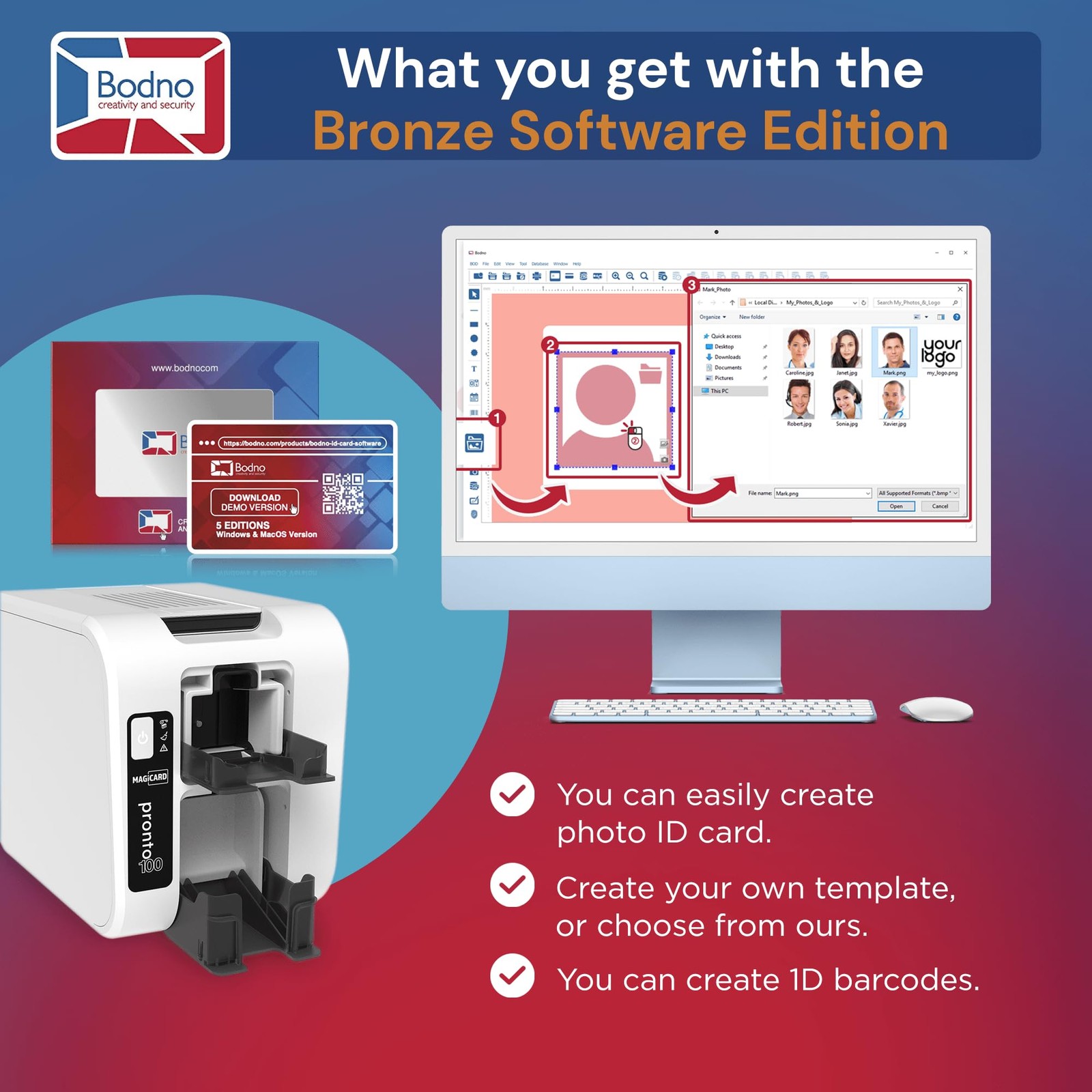 Bodno Magicard Pronto 100 ID Card Printer Complete Supplies Package ID Software