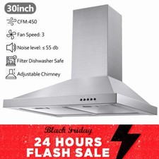 30 in Wall Mount Range Hood Stainless Steel 450CFM Convertible Kitchen Vent New