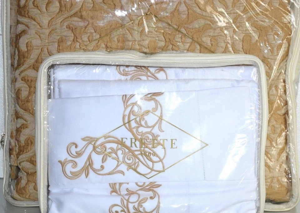 $5300 NEW Frette 5 PC SET LUXURY PLATINUM Granada Coverlet Sheet Gold White KING