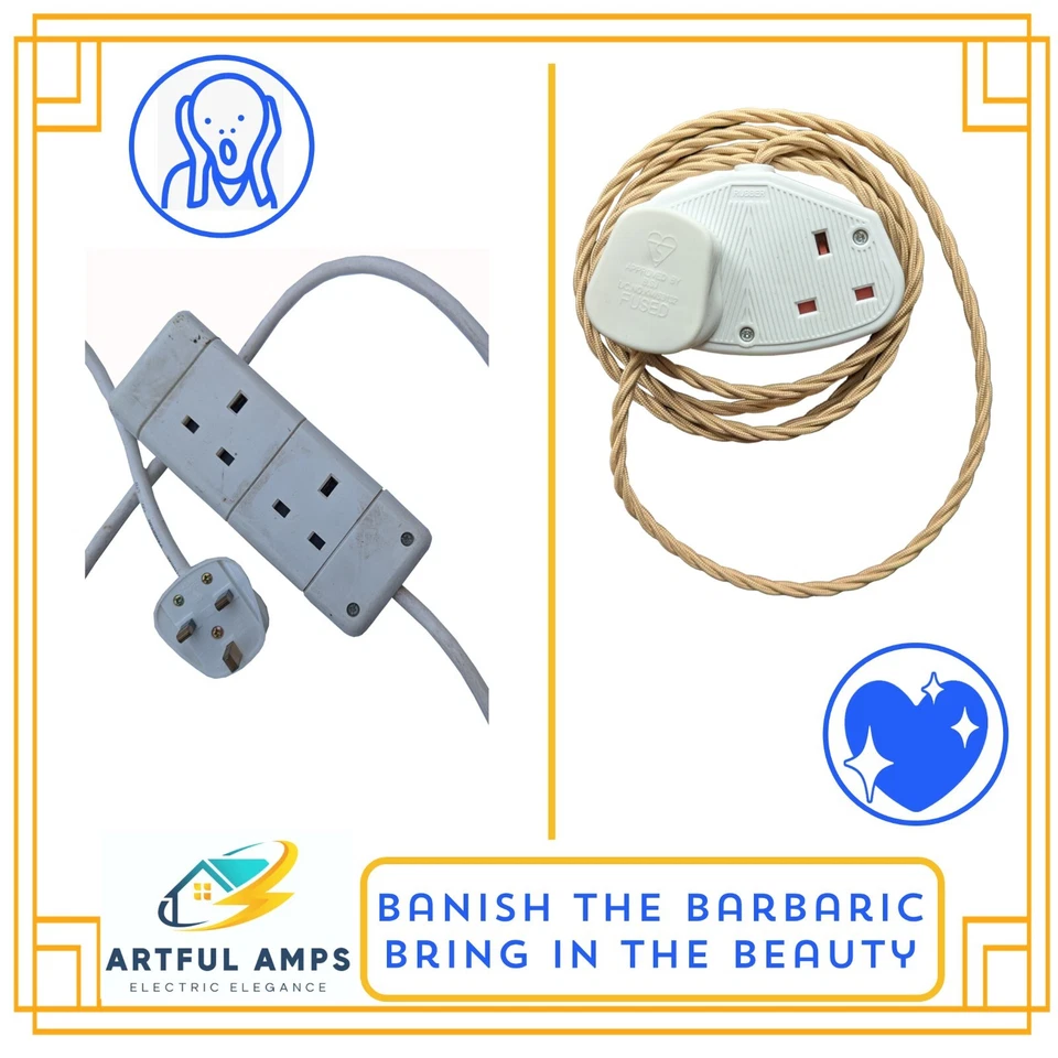 Electric Extension Leads Vintage Style Cable 2m Braided Fabric Twisted Cord - Image 4 of 4