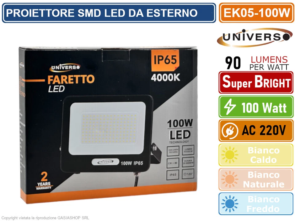 FARO PROIETTORE SMD LED FLOODLIGHT 100W SLIM IP65 COLORE NERO 3000K 4000K 6500K - Immagine 3 di 3