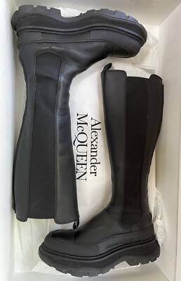 $1,390 Alexander Mcqueen Tread Slick Black Leather Tall Knee High