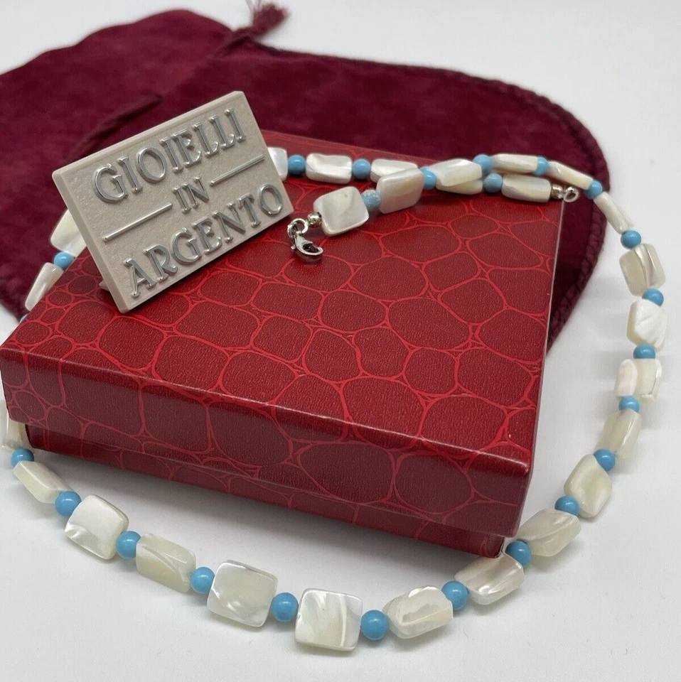 Collana donna vintage elegante blocchi in madreperla perle turchese argento 925. - Immagine 2 di 4