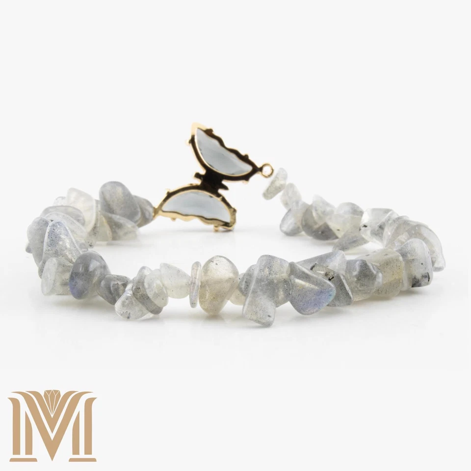 Labradorite Chip Stretch Bracelet – Butterfly Charm, Natural Stone Jewelry (6"-8 - Image 4 of 4