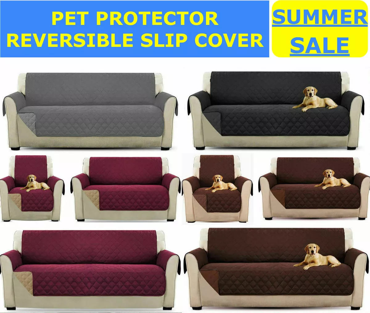 REVERSIBLE Sofa Throw Quilted Sofa Covers Anti Slip Waterproof Dog