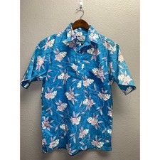 Vintage RJC Hawaiian Button Down Shirt Made In Hawaii Blue Floral 80s USA Medium