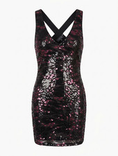 ASTR The Label Sequin Animal Print Mini Dress V-Neck Purple Black Silver Medium
