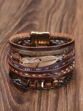 Leather Cuff Bracelet Multilayer Wrap Crystal Feather Charm Magnetic Clasp