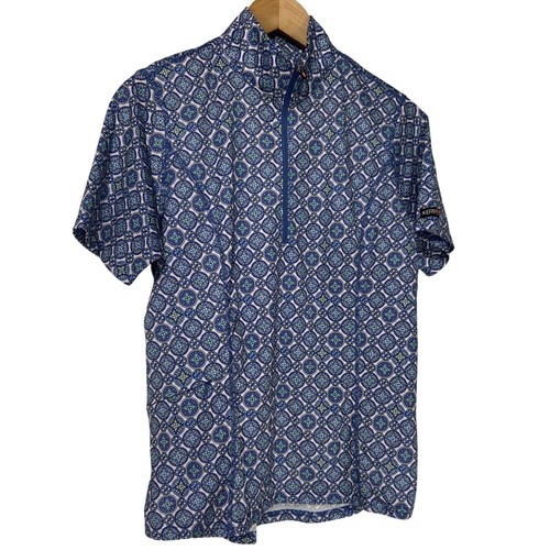 Kerrits Blue Green Geometric Tile Print Quarter Zip Short Sleeve Riding Top