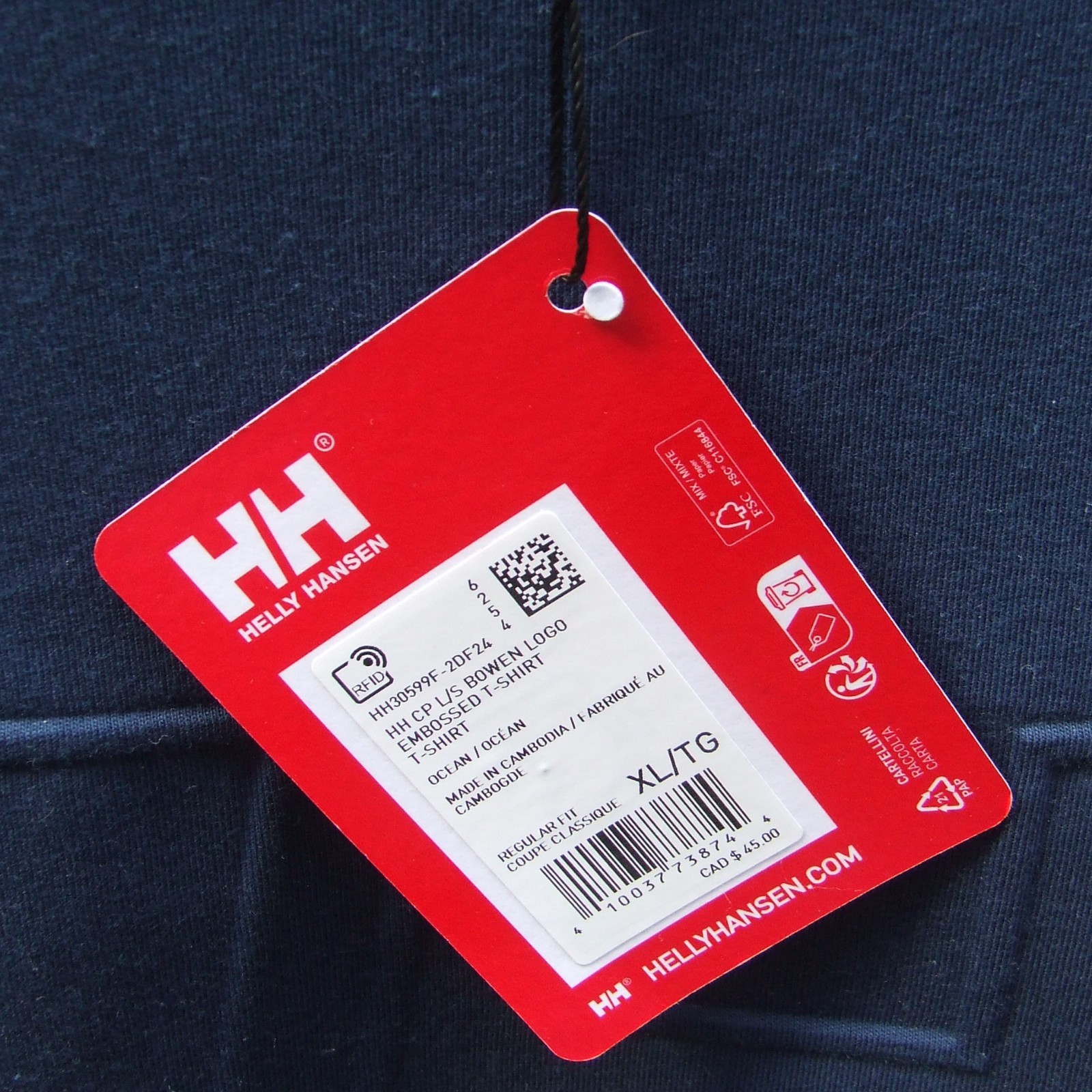 Helly Hansen Men's Long Sleeve Crew T-Shirt Navy Blue HH Logo Embossed XL NEW
