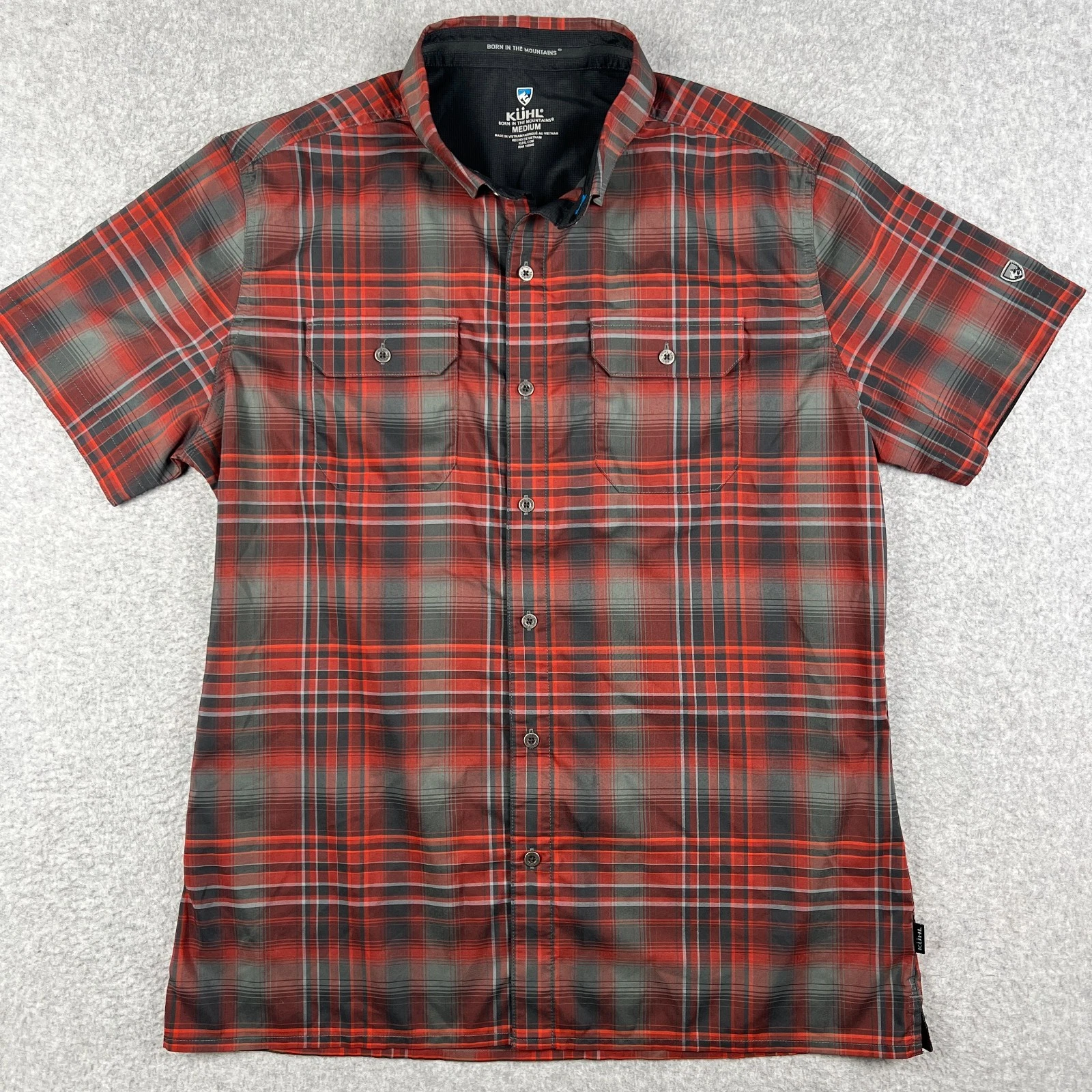 Kuhl Response Short Sleeve Button Shirt Medium Mens Red Plaid Hiking Outdoors