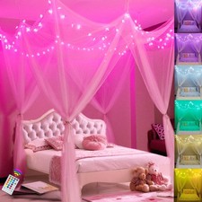 White Bed Canopy with Star Lights for Girls, 8 Corner Post Princess Canopy Be...