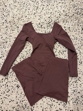 Women  s Brown Long Sleeve Scoop Neck Solid Bodysuit Size S Regular