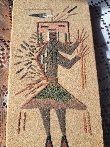 Vintage Navajo Sand Painting Signed 3x6 Unframed Native American Unique  - Picture 2 of 4