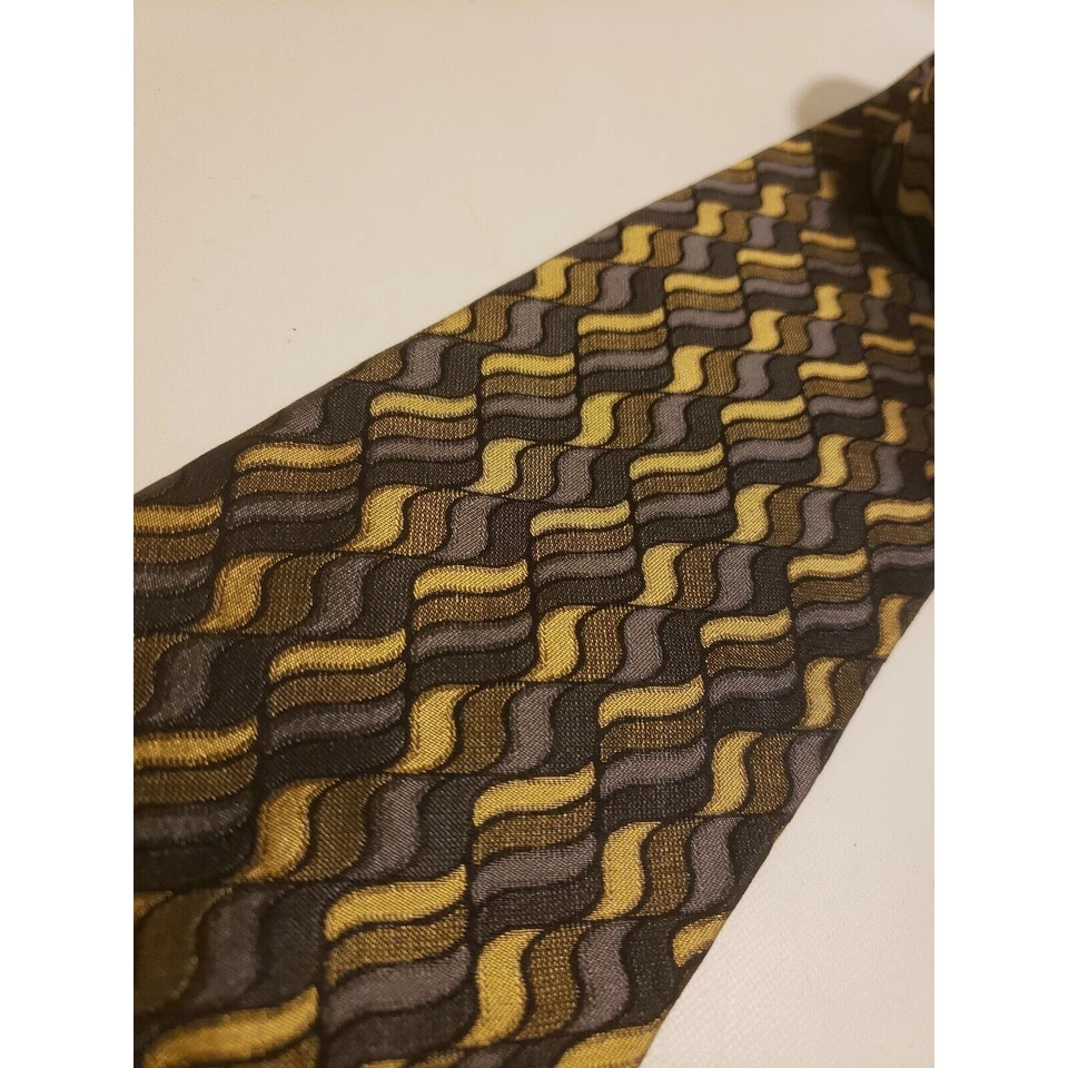 Bachrach Men's Neck Tie Blue Tan Geometric 100% Silk Made in Italy Career - Изображение 2 из 4