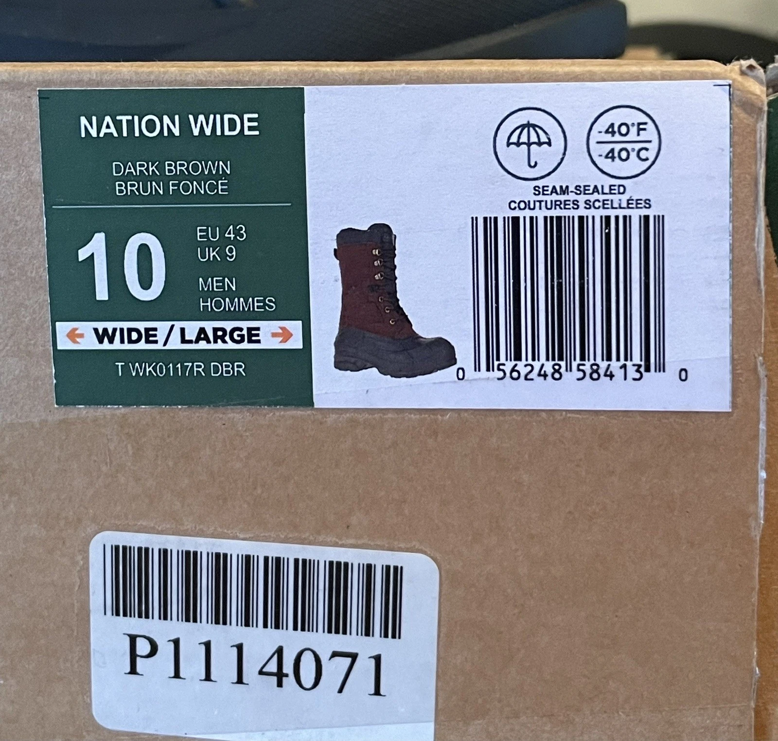 NIB Kamik Men 10 W Nation Wide Insulated Waterproof Boots WK0117 DBR Dark Brown