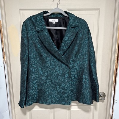 Le Suit Blazer Jacket Womens 14 Green Paisley Jacquard One Button Lined