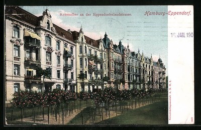 Hamburg-Eppendorf, Rosenallee an der Eppendorferlandstrasse, Ansichtskarte 1909 