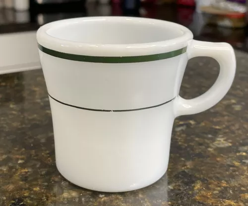 Vintage Pyrex Double Tough Milk Glass Coffee Cup 8 oz Diner Mug Green Stripes