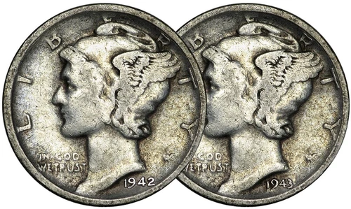 1942 S & 1943 D Mercury Silver Dime F 90% Silver 10c Fine - 2 Coin Set
