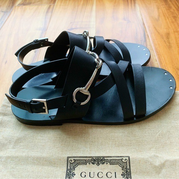 靴 Vintage Gucci Horsebit Sandals 36 1/2 Gucci Horsebit Black Leather T Strap Sandals Size EU 36.5