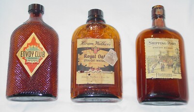 3 ANTIQUE WHISKEY BOTTLES -ENVOY CLUB -HIRAM WALKER's ROYAL OAK - SHIPPING PORT
