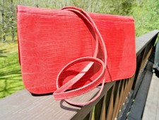 Vtg. Bennis/edwards Nyc Exotic Red Tagus Lizard Skin Large Clutch Handbag