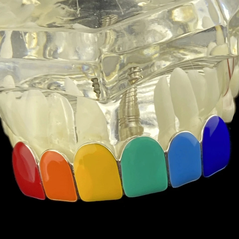 Real 925 Sterling Silver Rainbow Color Grillz Enamel Rapper Grills Top 6 Teeth - Image 4 of 4