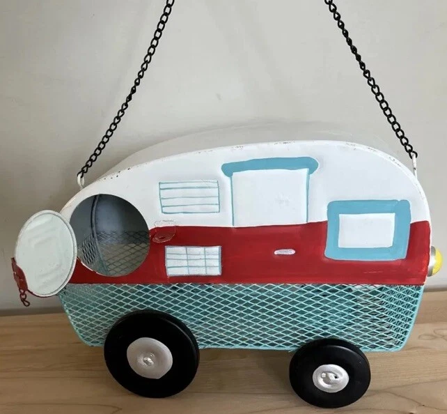 Vintage Camper Birdhouse Metal Hanging Blue White Red See-through Mesh - Image 2 of 4