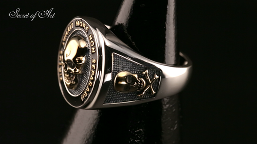 Anello massonico argento 925 placcato oro giallo 750 anello sigillo massonico teschio - Video 1 di 1