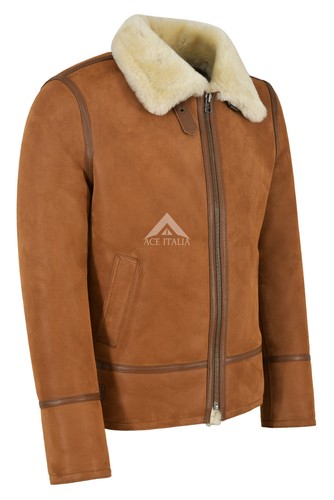 Men's B3 Shearling Jacket Sheepskin Leather Bomber Whisky/Beige Fur Pilot HARBIN - Picture 5 of 9