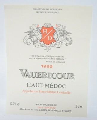Vaubricour Haut-Medoc 1999 Appellation Controlee Bordeaux Vintage Wine Label