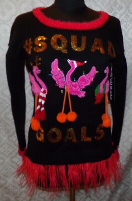 Flamingo Squad Goals Womens S Ugly Christmas Sweater New NWT Sequins  Feathers - Main Image