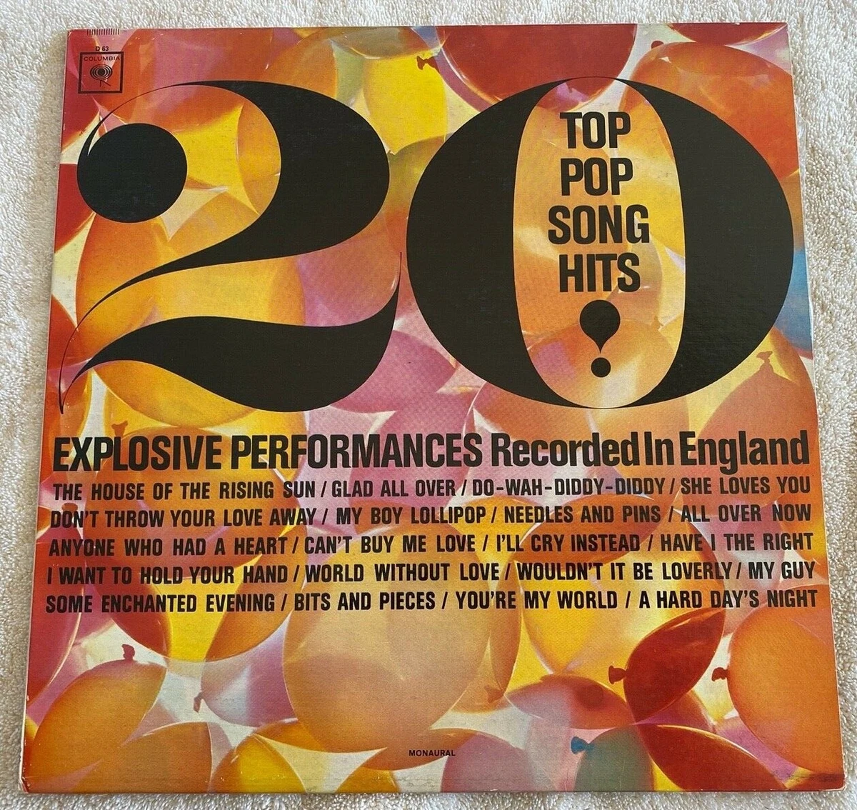 20 TOP POP SONG HITS vinyl LP Columbia Record Club D63 Mono Excellent Condition