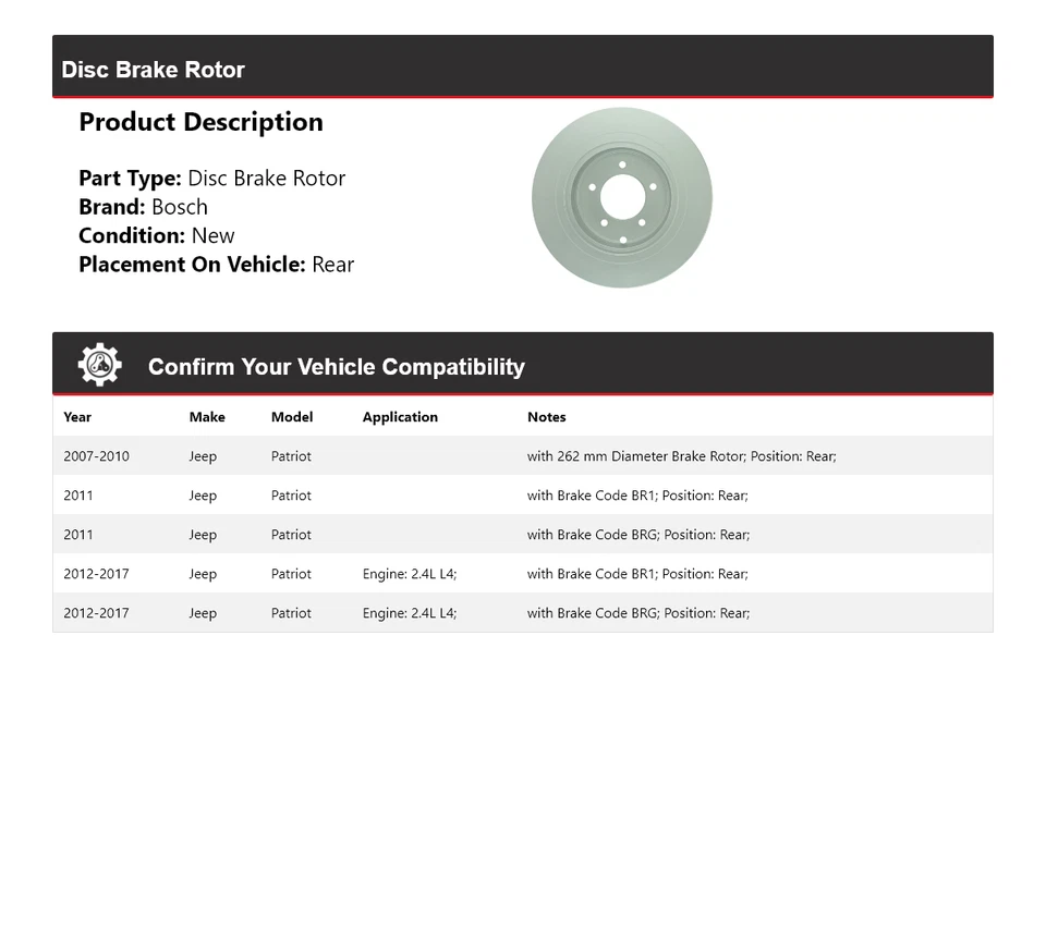 Rotor de freno de disco trasero QuietCast Bosch 2007-2017 Jeep Patriot Bosch 2008 2009 2010 Foto 2 de 4