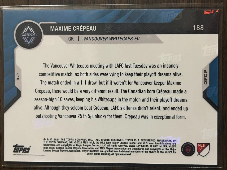 2021 Topps Now MLS #188 Maxime Crepeau Vancouver Whitecaps FC - Image 2 of 2