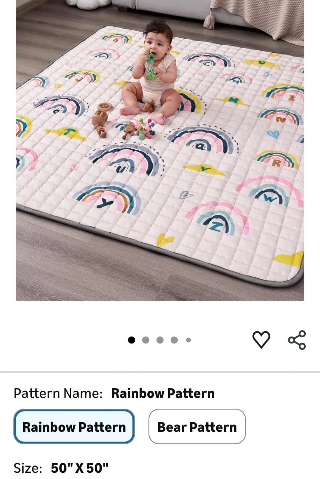 NEW Wonday Rainbow Alphabet Quilted Baby Play Mat Non-Slip Back 50" x 50"
