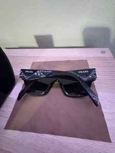 Men's Prada Black Sunglasses SPR A06 with Dark Grey lens, case, and box