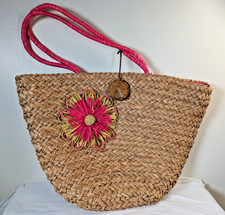 Vintage Sun N Sand Woven Straw Beach Bag Pink Flower Detail Double Handle Tote