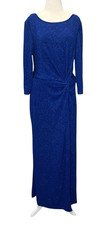 Alex Evenings 3/4 Sleeve Formal Dress sz 16 Blue Maxi Glitter Knot Front Slit