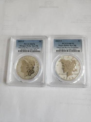 2023-S Reverse Proof $1 Morgan and Peace Dollar 2pc Set PCGS PR70 Blue Label - Picture 1 of 10