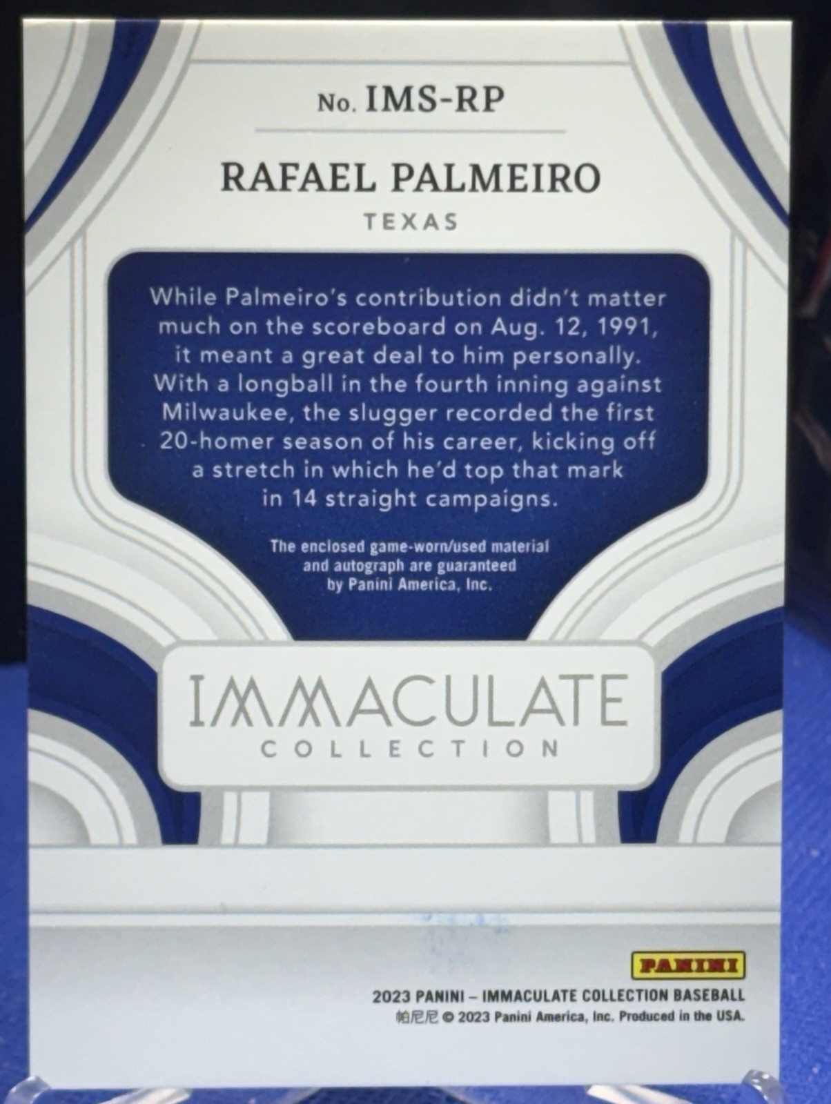 2023 Panini Immaculate Rafael Palmeiro  AUTO Patch # 23/25 Rangers view 2