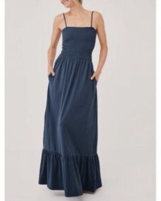 Pact Sleeveless Organic Cotton Tiered Maxi Tank Dress Smocked Pockets Navy  New L | eBay
