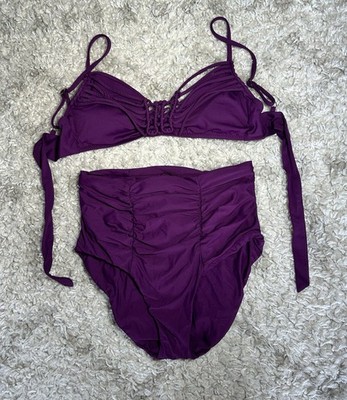 Becca Rebecca Virtue Purple Macrame Bikini High Rise Bottom& Top Size Medium