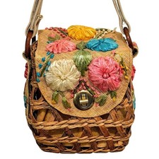 Vintage 1960s Wicker Box Purse, Raffia Flowers, Linen Lined Interior
